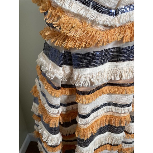 Eva Mendez Dress Orange Woman’s Size 6 Orange Cream Sequin Flapper Style Fringe - Picture 7 of 11